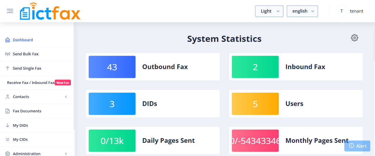 ICTFax tenant dashboard