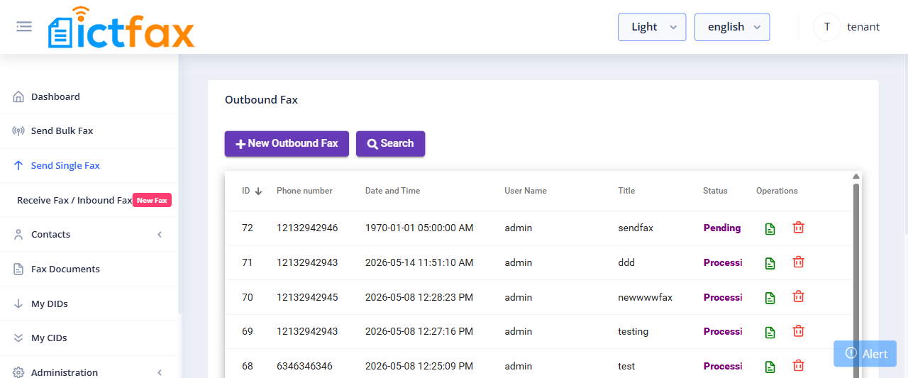 ICTFax tenant Send Single Fax