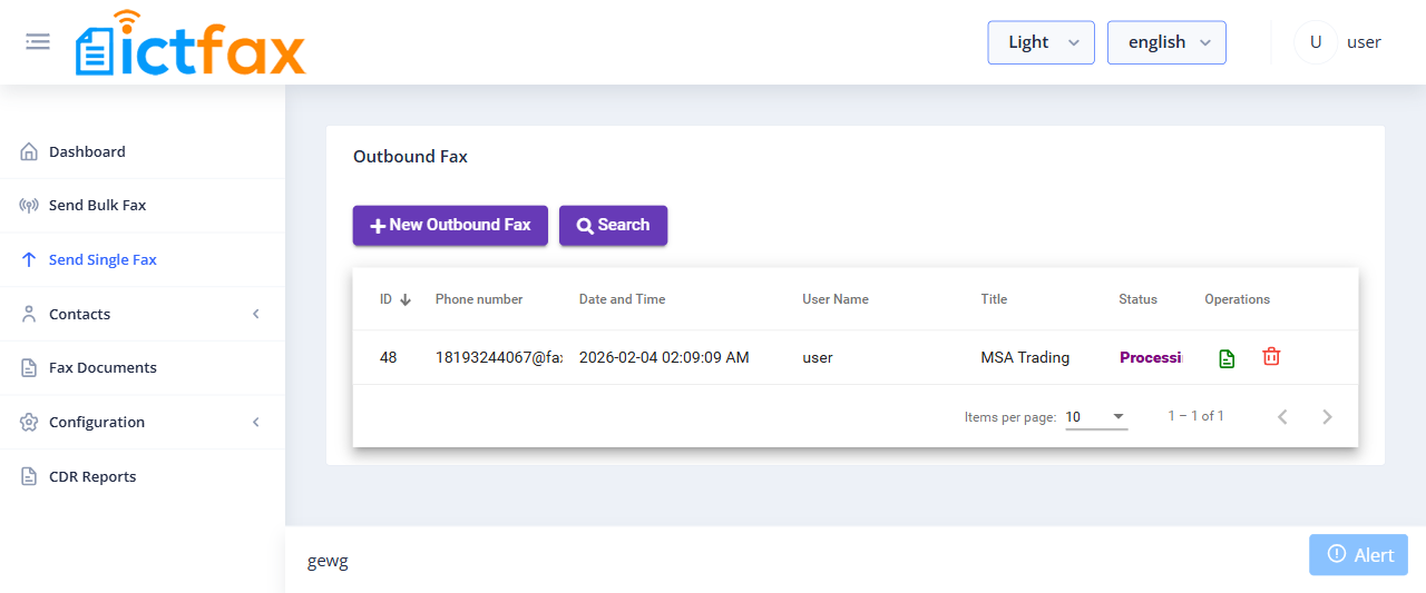 ICTFax user Send Single Fax