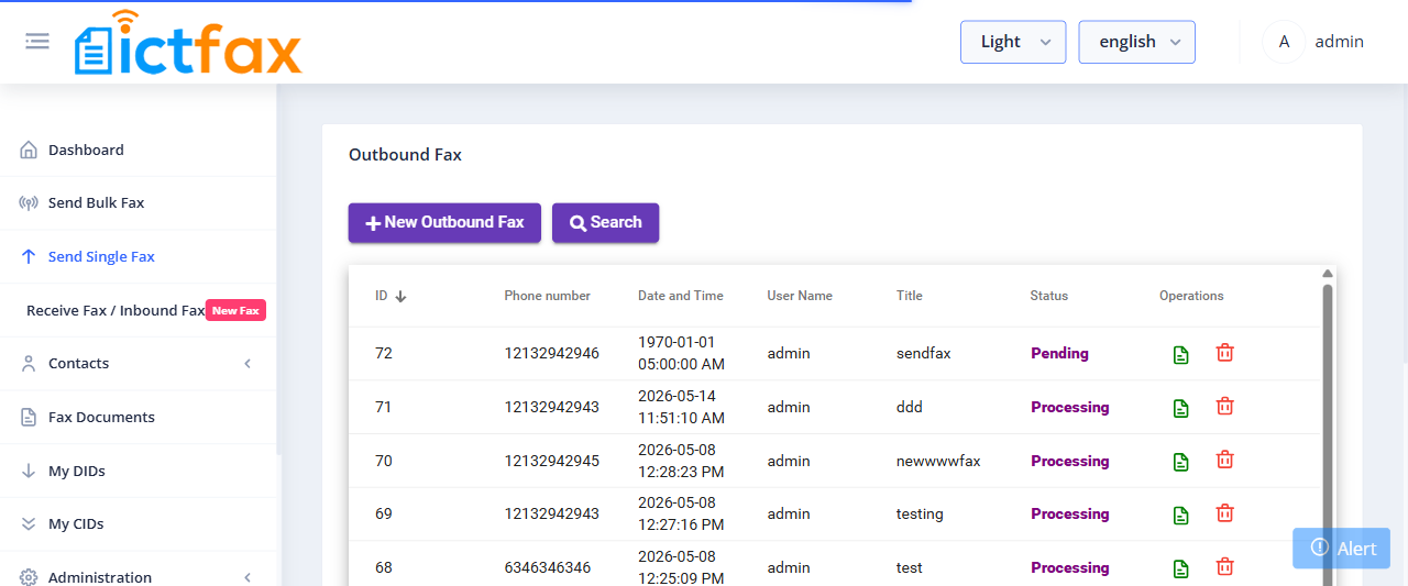 ICTFax Send Single Fax outbound list
