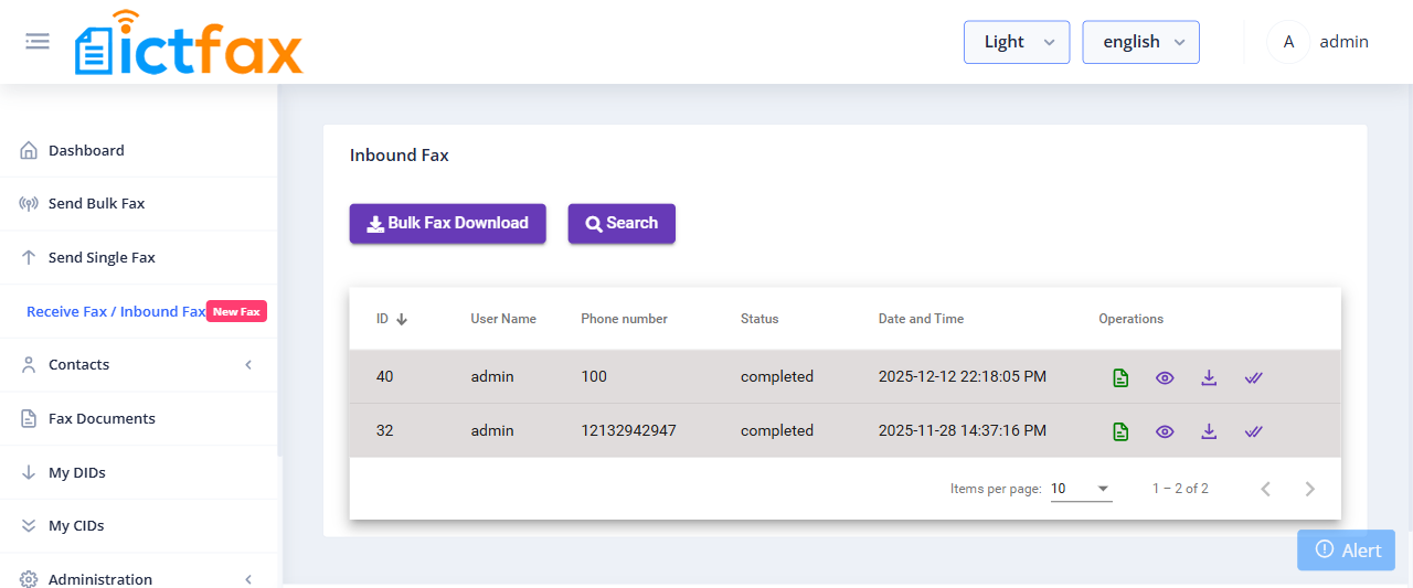ICTFax inbound fax list