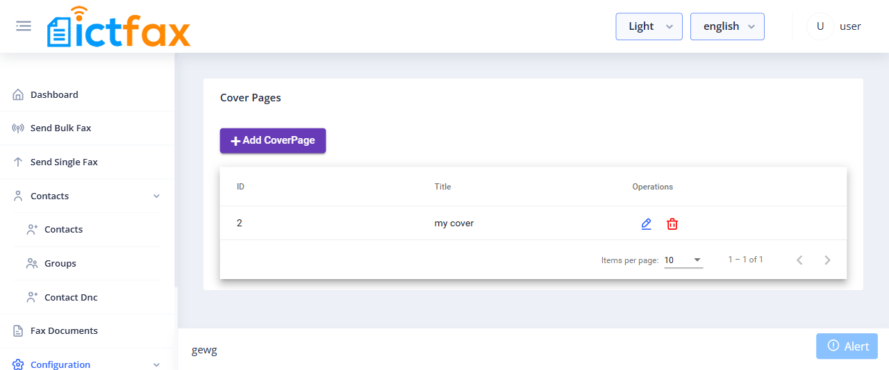 ICTFax user cover page settings