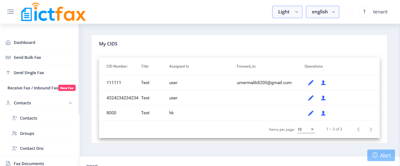 ICTFax tenant My CIDs list