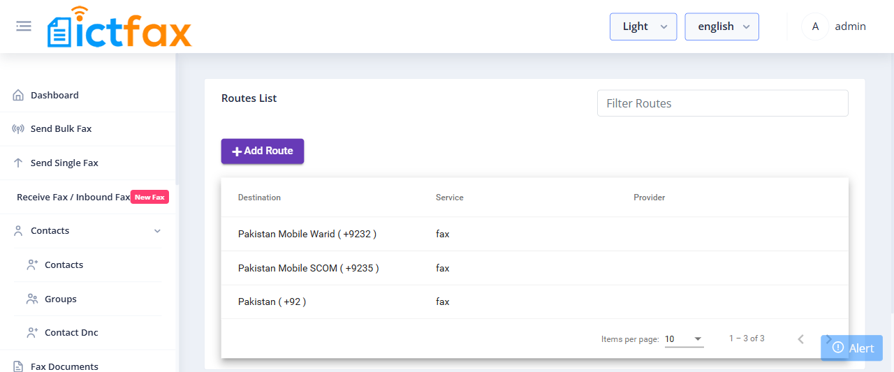 ICTFax routes list