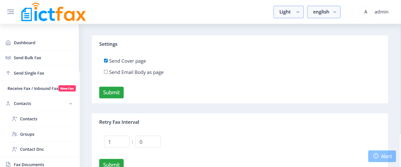 ICTFax fax settings configuration