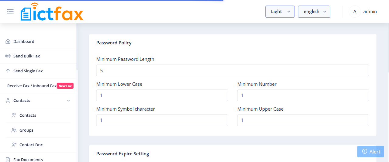 ICTFax password policy settings