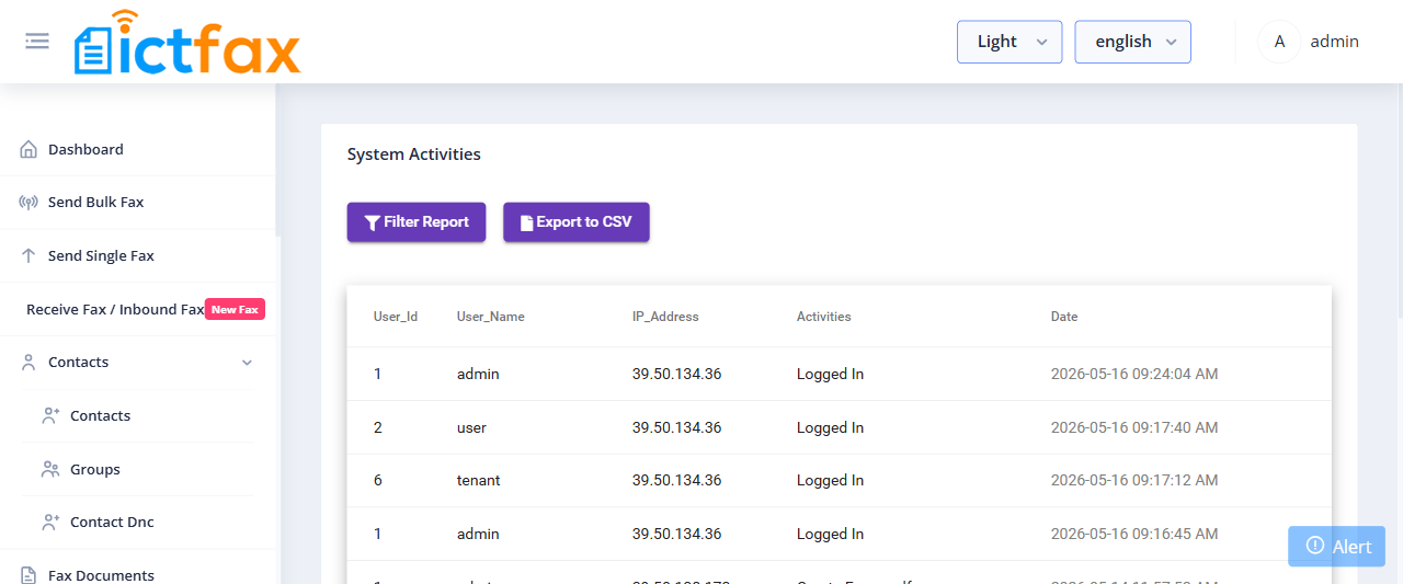 ICTFax system activities log