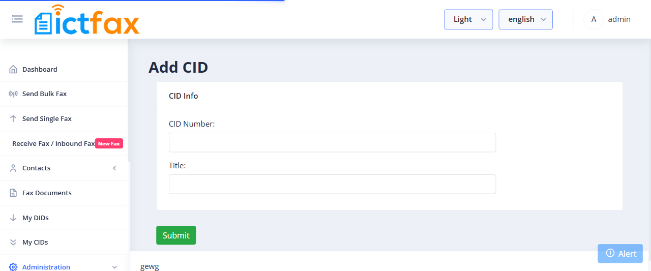 ICTFax Add CID number form