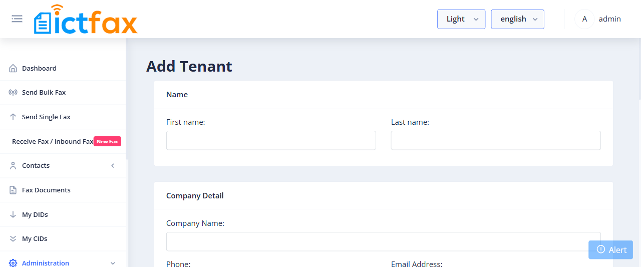 ICTFax Add Tenant form showing all fields and permissions