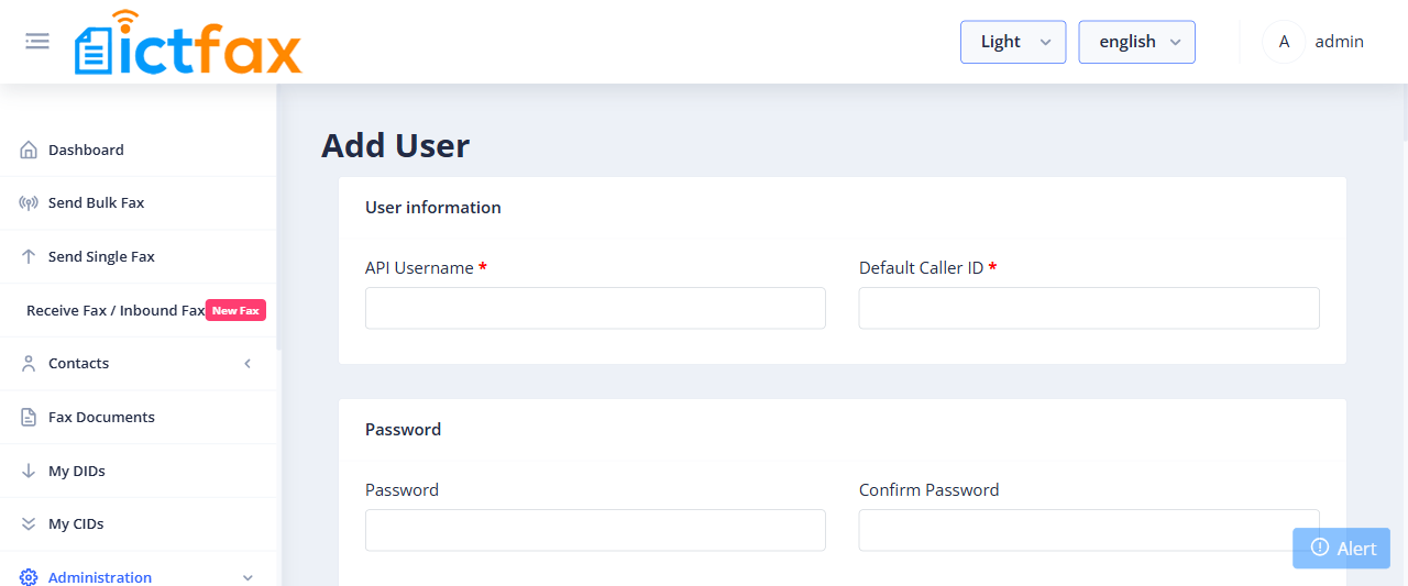 ICTFax Add User form showing all fields and permissions